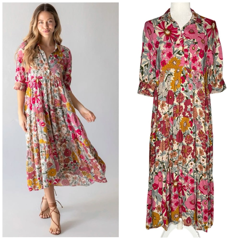 Natural Life Rebecca Midi Dress Small Retro Pink Floral Button Front Pockets